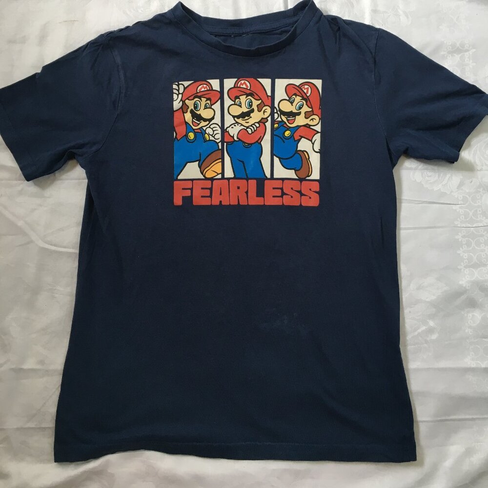 Boys Super Mario Bros Fearless Blue Short Sleeve Logo T-shirt Top Medium M 8-10